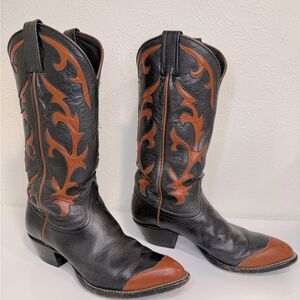 Vintage Tony Lama Cognac & Black Leather Inlay Cowboy Boots Size 7 RARE